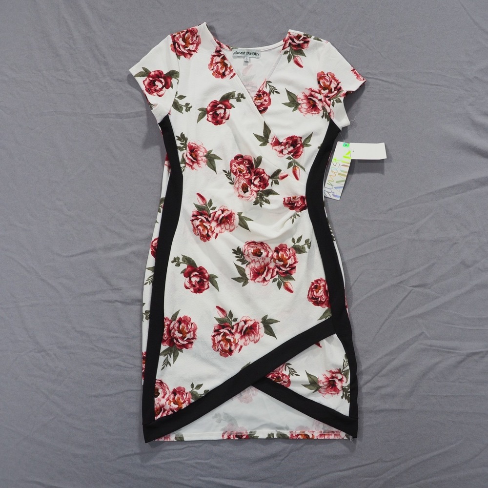 Almost Famous Dress Womens Large White Floral Short Sleeve V Neck Bodycon Wrap